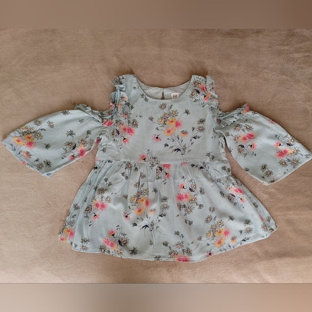 Gap Girl Light Turquoise Floral Cold Shoulder Blouse w/Flutter Size XL(12-13)